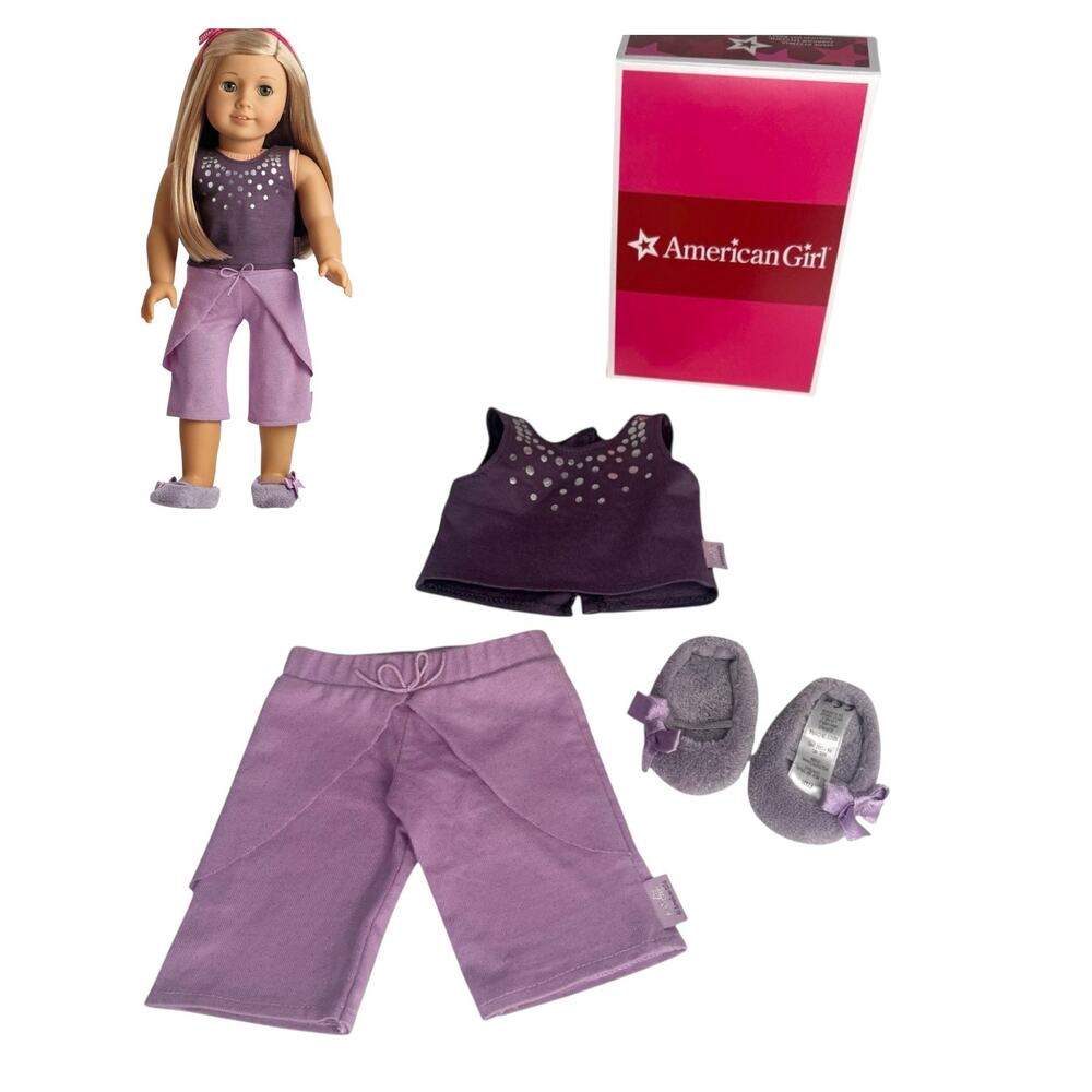 American Girl Isabelle Pajamas Slippers Top Capri Pants Purple Silver Dot Box - Picture 8 of 9